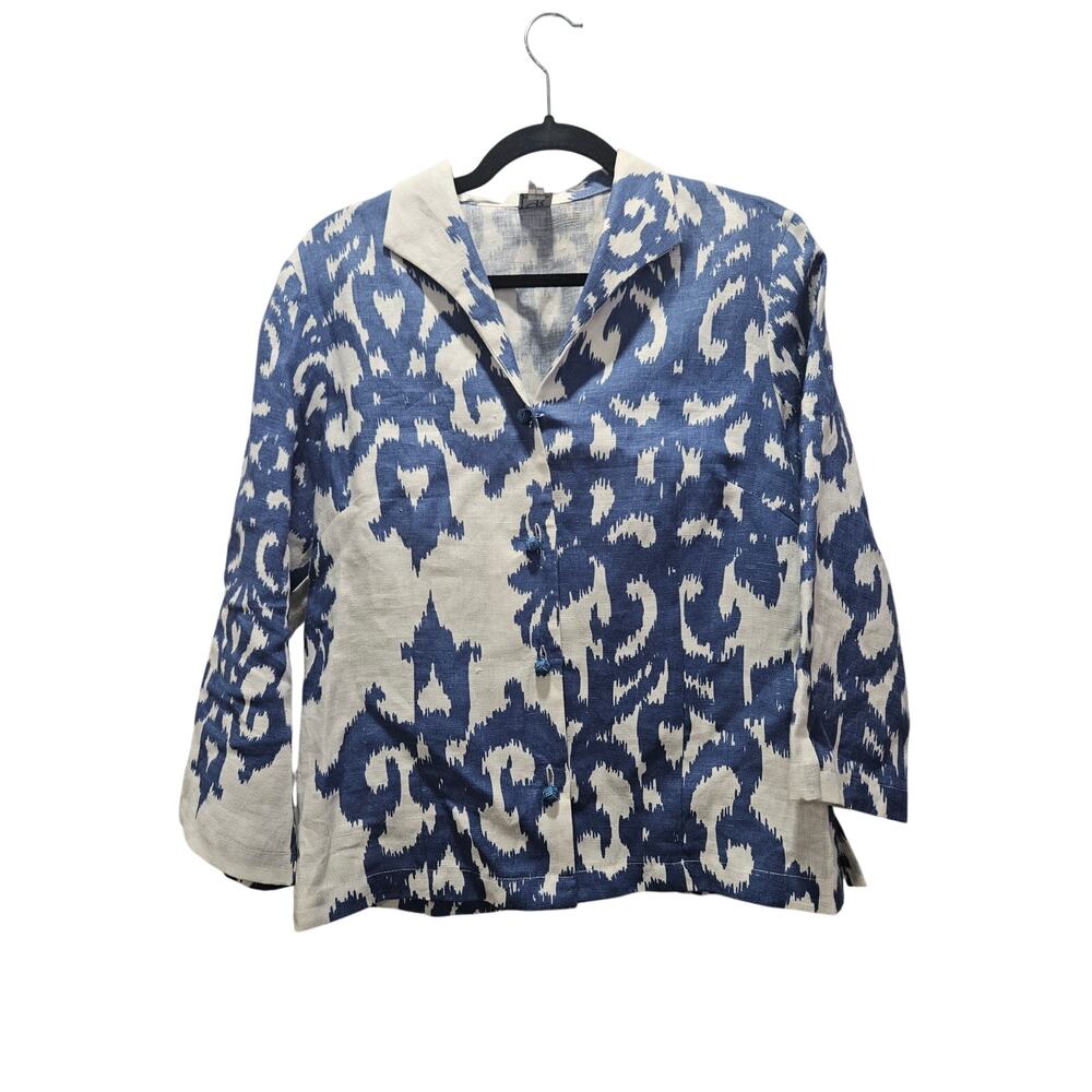 Connie Roberson 100% Linen Blue White Ikat Button Front Jacket Top M